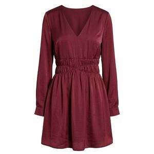 Express Burgundy Satin Long Sleeve V-Neck Mini Dress Size M